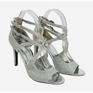 Fioni Night Sandals Womens 6.5 Strappy Silver Faux Leather Casual Glitter Heels